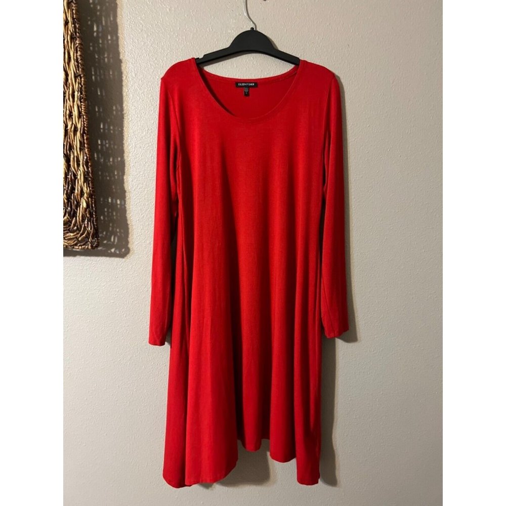 Eileen Fisher Trapeze Dress Red Small Long Sleeve Stretch Washable - Picture 6 of 8